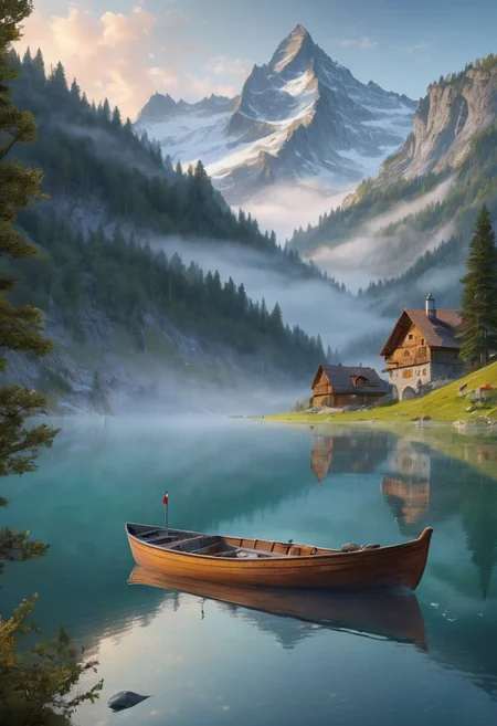 8k breathtaking view of a Boat on the waterside, Swiss alp, mountain lake, milky haze, morning lake mist, masterpiece, award-winning, professional, highly detailed in yvonne coomber style, undefined, snow, mist,  in the distance, glowing eyes