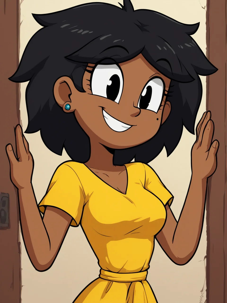 score_9, score_8_up, score_7_up, score_6_up, BREAK, 0al3r1e, 0al3r1e, 1girl, solo, smile, black hair, black eyes, medium breasts, dark-skinned female, dark skin, earrings, mole under eye, yellow dress, <lora:Valerie:1>