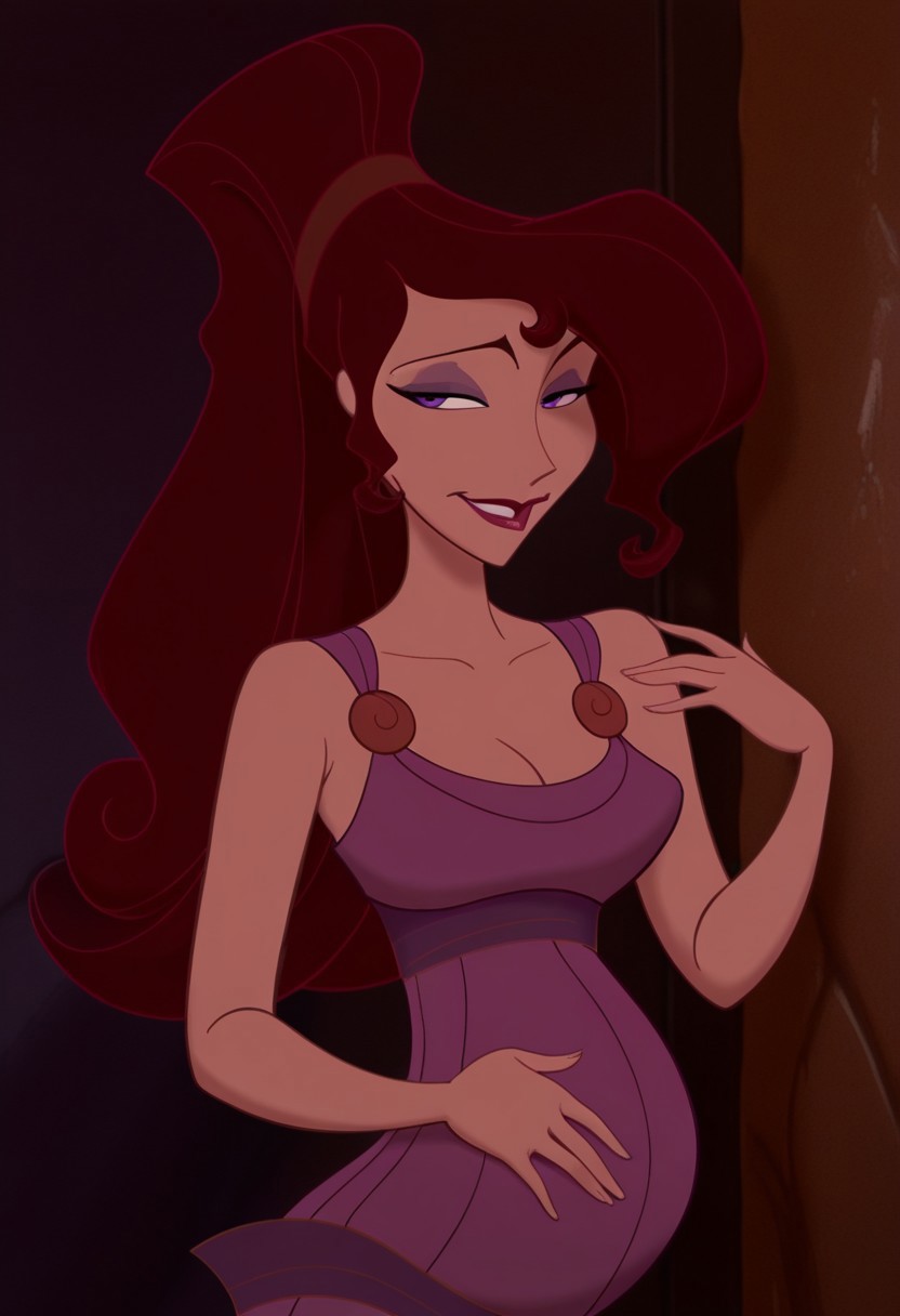 1girl, masterpiece, best quality, amazing quality, absurdres, <lora:Megara__Illustrious:1> m3g4r4, megara (hercules disney), long hair, tied hair, brown hair, purple eyes, purple Greek dress, cleavage, sexy makeup, lipstick, pregnant, smiling, flirtatious, seductive, alluring,
