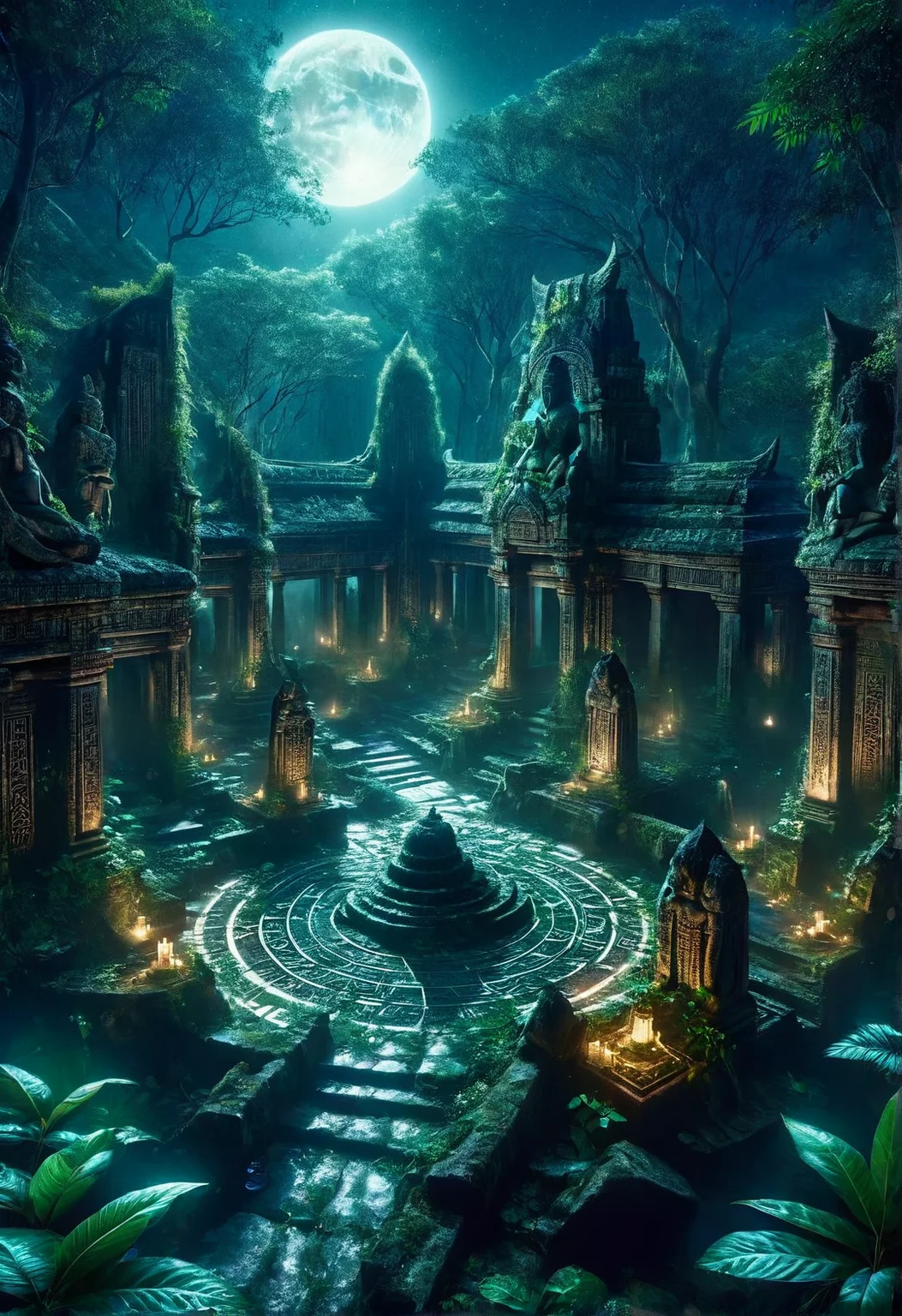 ais-rcn, an overhead shot of a forgotten temple bathed in moonlight, surrounded by overgrown foliage, its once sacred halls now silent and waiting <lora:ais-rcn-sdxl:1>, cinematic