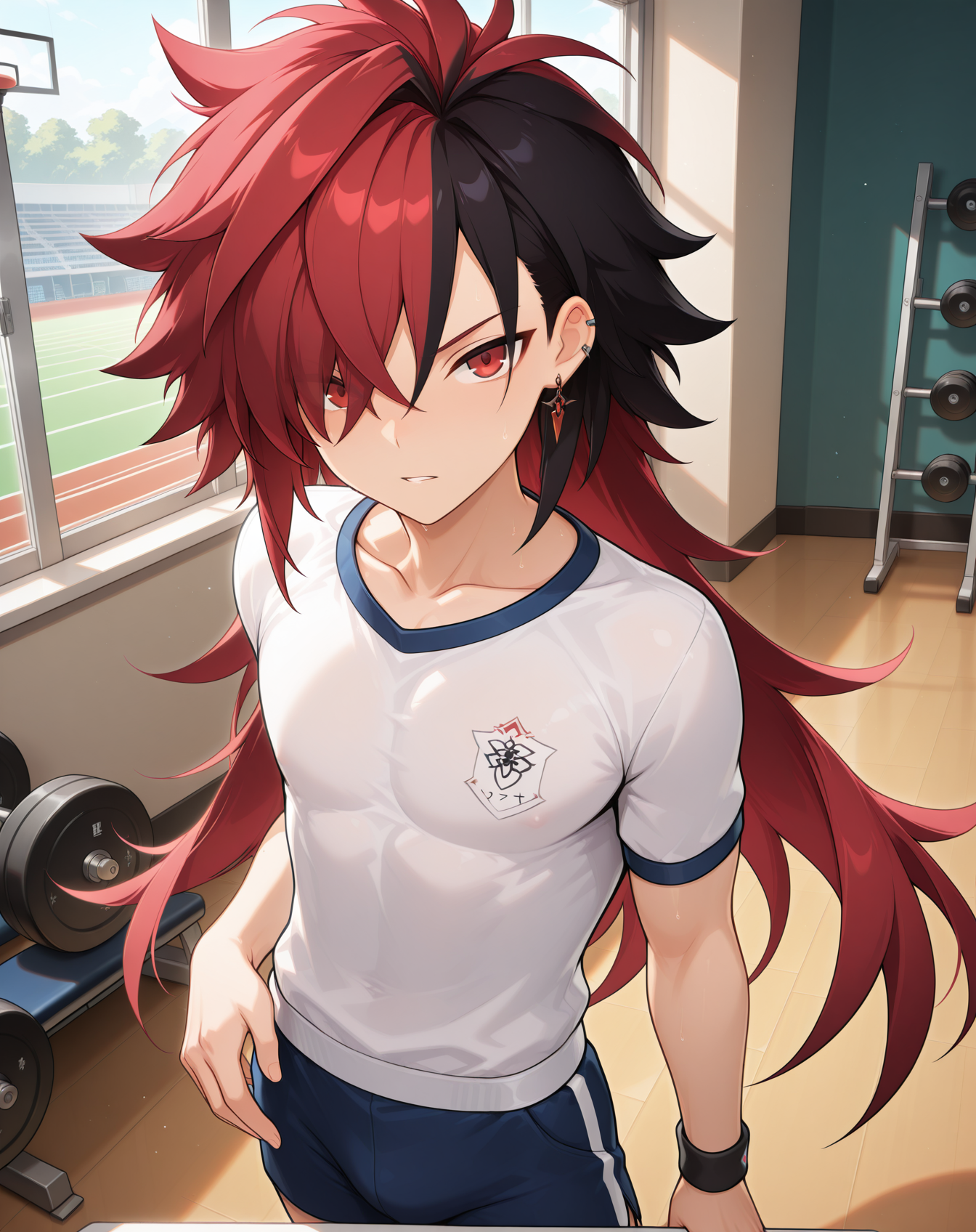masterpiece,best quality,amazing quality, newest, very aesthetic, absurdres,
1boy, solo, yaoi, male focus, looking at viewer, cowboy shot, standing,
<lora:Elsword_Immortal_ilxl:1> elswordim, red eyes, multicolored hair, red hair, two-tone hair, black hair, long hair, streaked hair, hair over one eye,
gym uniform, gym shorts, gym shirt,
indoors, gym,