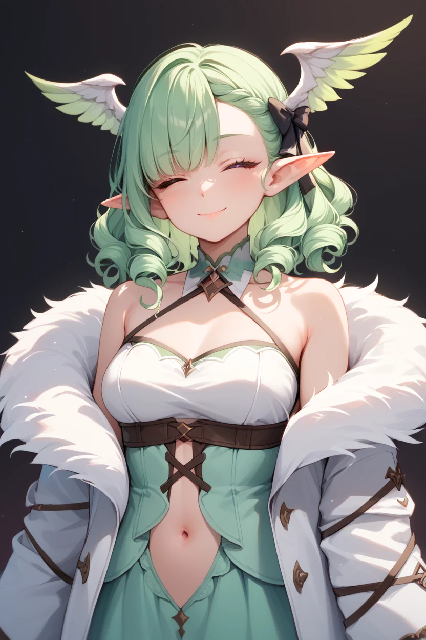 score_9, score_8_up, score_7_up, 1girl, solo, smile
(pale green hair:1.1), light purple eyes, wavy curls, straight bangs, shoulder length hair, cirle curls, asymmetrical bangs, breasts, medium breasts, pointy ears, elf, portrait,
long sleeves, dress, frills, dark background
<lora:HeadWingsPony:1> feathered head wings, green head wings, red head wings, multicolored head wings, bow, ribbon, navel, bare shoulders, closed eyes, off shoulder, coat, fur trim, facing viewer, white coat, fur-trimmed coat, eye mask, white mask