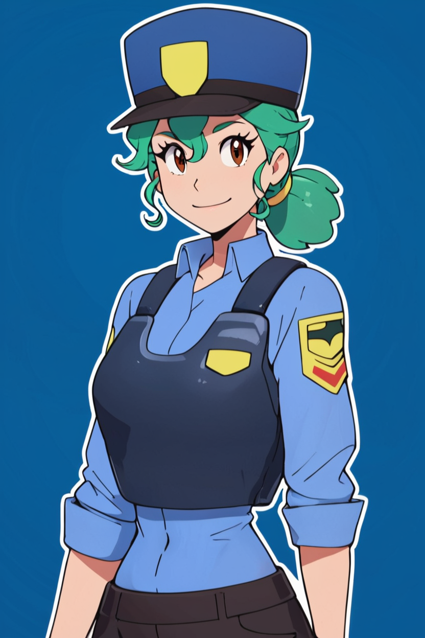 score_9, score_8_up, score_8, medium breasts, (curvy), cute, eyelashes,       ,,, ,  zzJenny, brown eyes, hair between eyes, green hair, long hair, ponytail, short hair, police uniform, policewoman, shirt, police hat, blue shirt, collared shirt, black pants,  <lora:JennySunMoonPDXL:1>, , BREAK, smile, looking at viewer, ,,, abstract background, white outline, cowboy shot, ,,, embedding:zPDXL, Expressiveh, ,,, <lora:CatalystStylePDXL:0.6>, <lora:SDXLFaeTastic2400:0.5>, <lora:Expressive_H-000001:0.4>,
