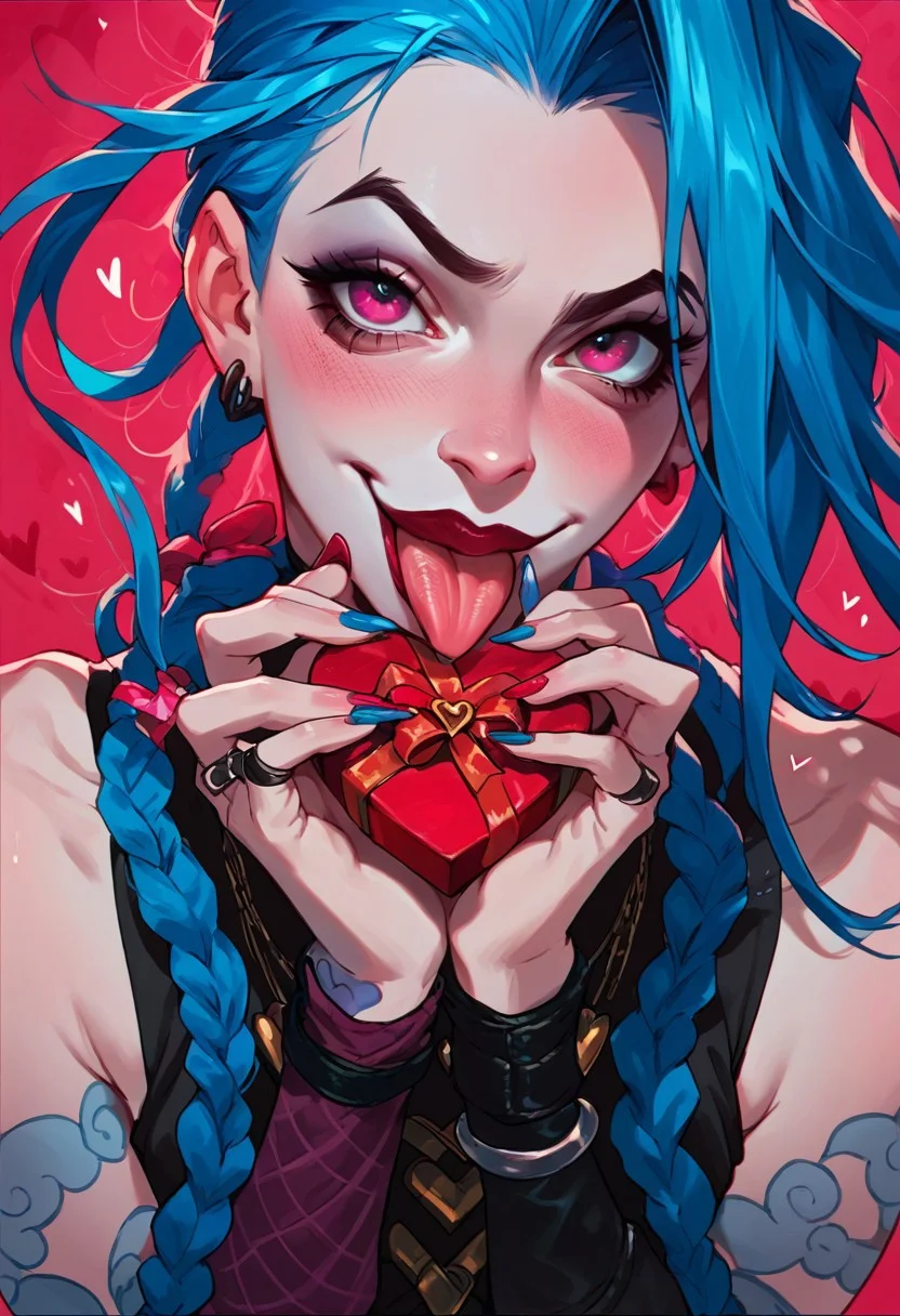 score_9, score_8_up, score_7_up, score_6_up, score_5_up, score_4_up,
valentine's day, jinx (league of legends), blue hair, female, heart, looking at viewer, nail polish, tongue, tongue out,