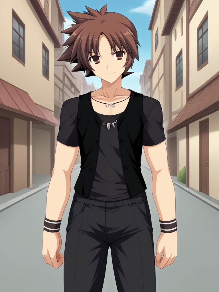 1boy, solo, reijilokiEXAEXSFA, brown hair, spiked hair, brown eyes, t-shirt, vest, wristband, pants, necklace, jewelry, outdoors, town, street, horizon, standing, cowboy shot, looking at viewer, smile,