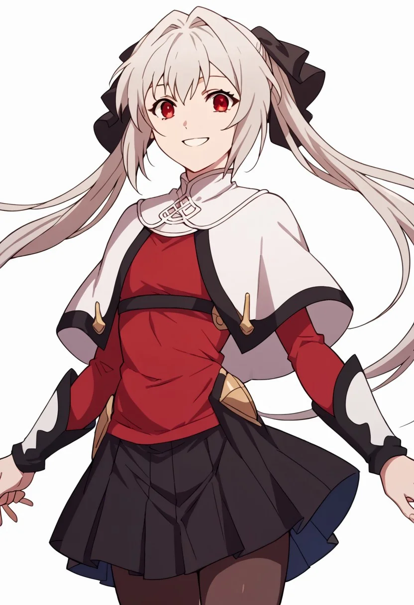 score_9, score_8_up, score_7_up, source_anime, <lora:lynneburg-clays-s1-ponyxl-lora-nochekaiser:1>, lynneburg clays,
long hair, red eyes, twintails, grey hair, hair intakes, hair ribbon, pantyhose, capelet, white capelet, dress, red dress, long sleeves, skirt, black skirt, pleated skirt,
white background,
laughter, smile, looking at viewer, v, smile, solo, cowboy shot, dutch angle
