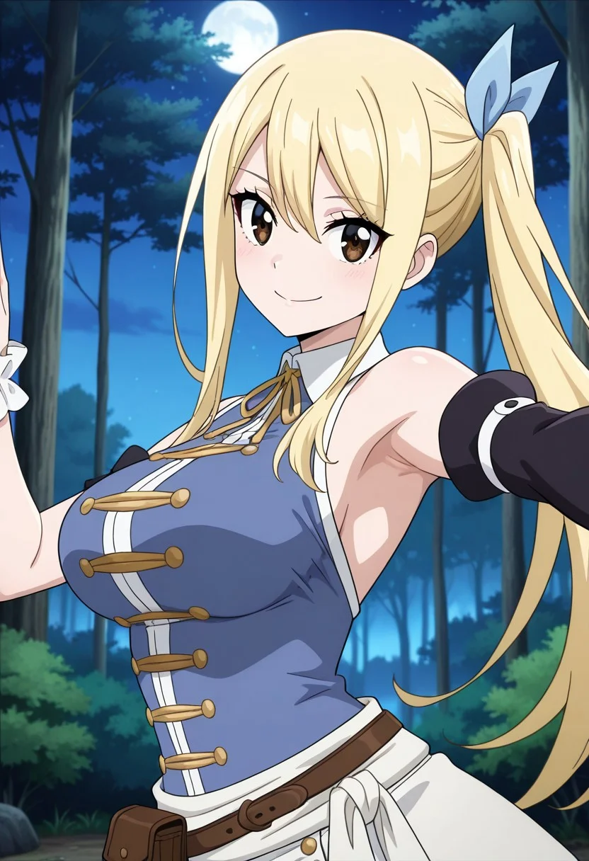 masterpiece, best quality, newest, anime screencap, 1girl, <lora:LucyHeartfiliaAvatartwo_Illu_Dwnsty:1>, lcyhrtavtrctwo, brown eyes, blonde hair, side ponytail, sidelocks, long hair, blue ribbon, hair ribbon, blue shirt, sleeveless shirt, collared shirt, yellow neck ribbon, scrunchie, single detached sleeve, black sleeve, white skirt, brown belt, belt pouch, white sash, perfect eyes, breast, shiny skin, expressive, smile, closed mouth, looking at viewer, erotic pose, armpit, side view, forest, night, perfect anatomy
