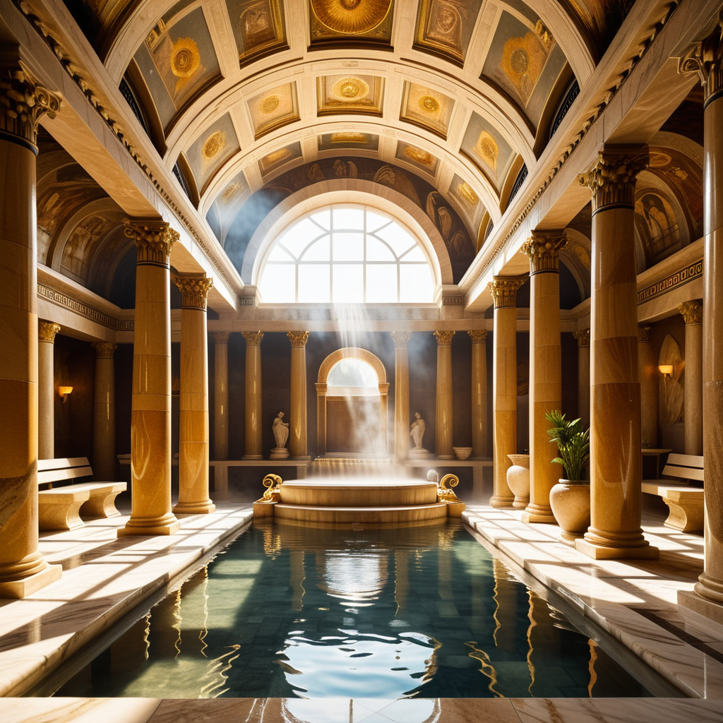 A highly detailed and realistic photograph of an ancient Roman sauna (thermae) from the time of Caesar, featuring grand marble architecture with intricate carvings and columns. The central bath is filled with steaming water, surrounded by polished marble tiles and mosaics depicting mythological scenes. The room is illuminated by natural light streaming through small openings in the high, domed ceiling, creating soft shadows and reflections on the water's surface. The atmosphere is hazy from the steam, and a few individuals dressed in Roman togas and tunics can be seen reclining on benches or chatting near the bath. The overall color palette includes shades of white, gold, and earthy tones, emphasizing the luxurious and serene environment.<lora:SDXLFaeTastic2400:0.4> <lora:extremely_detailed:0.4> extremely detailed, Masterpiece,best quality,hi res,8k,hi res,8k,award winning,(sharp focus, intricate, highly detailed),