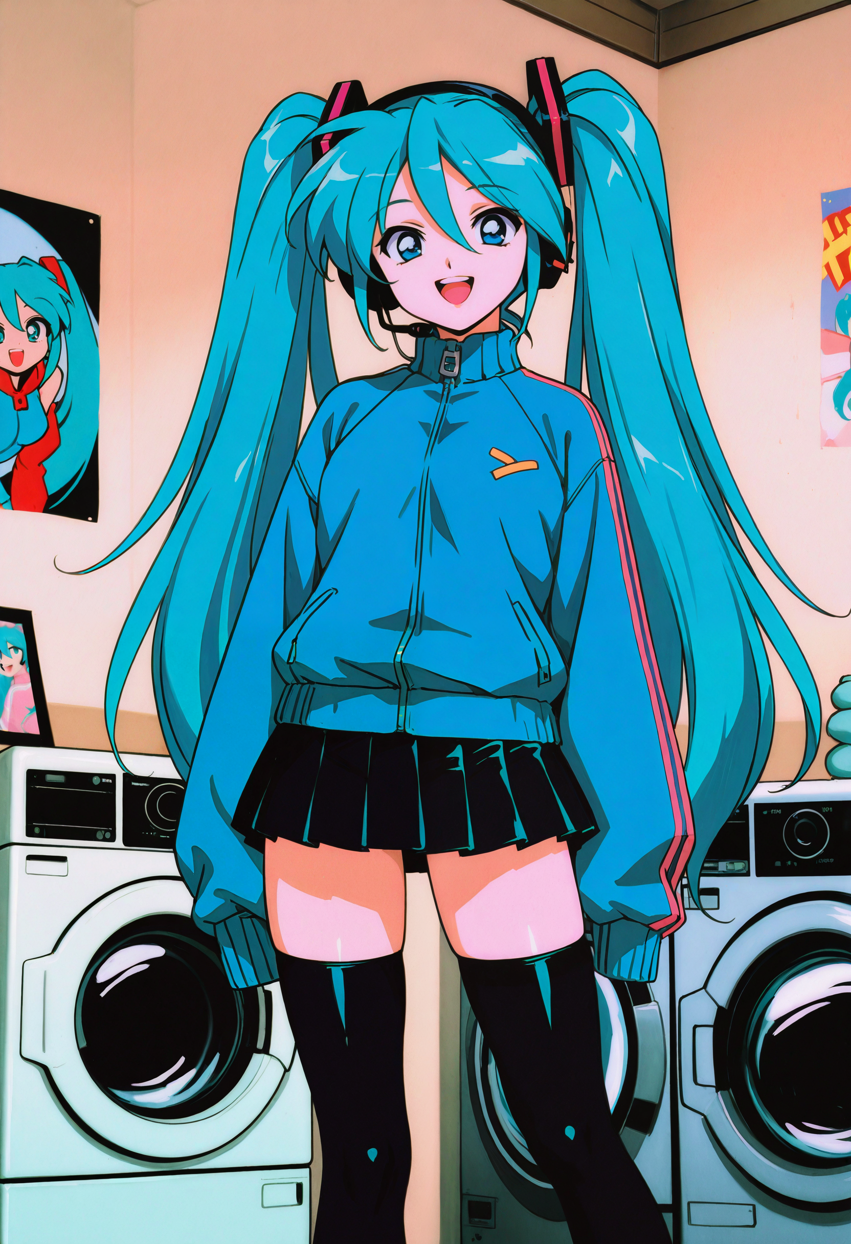 <lora:Retroabn-illustriousXL_v01_V2-CAME-000035>, retro artstyle, 1990s \(style\), film grain, hatsune miku, 1girl, solo, sleeves past wrists, jacket, sleeves past fingers, skirt, poster \(object\), twintails, pleated skirt, washing machine, headphones, looking at viewer, smile, long hair, thighhighs, open mouth, black skirt, black thighhighs, track jacket, hair between eyes, indoors, aqua eyes, blue jacket, long sleeves, zettai ryouiki, aqua hair, standing, feet out of frame, :d, miniskirt, hair ornament, zipper, teeth, zipper pull tab, headset