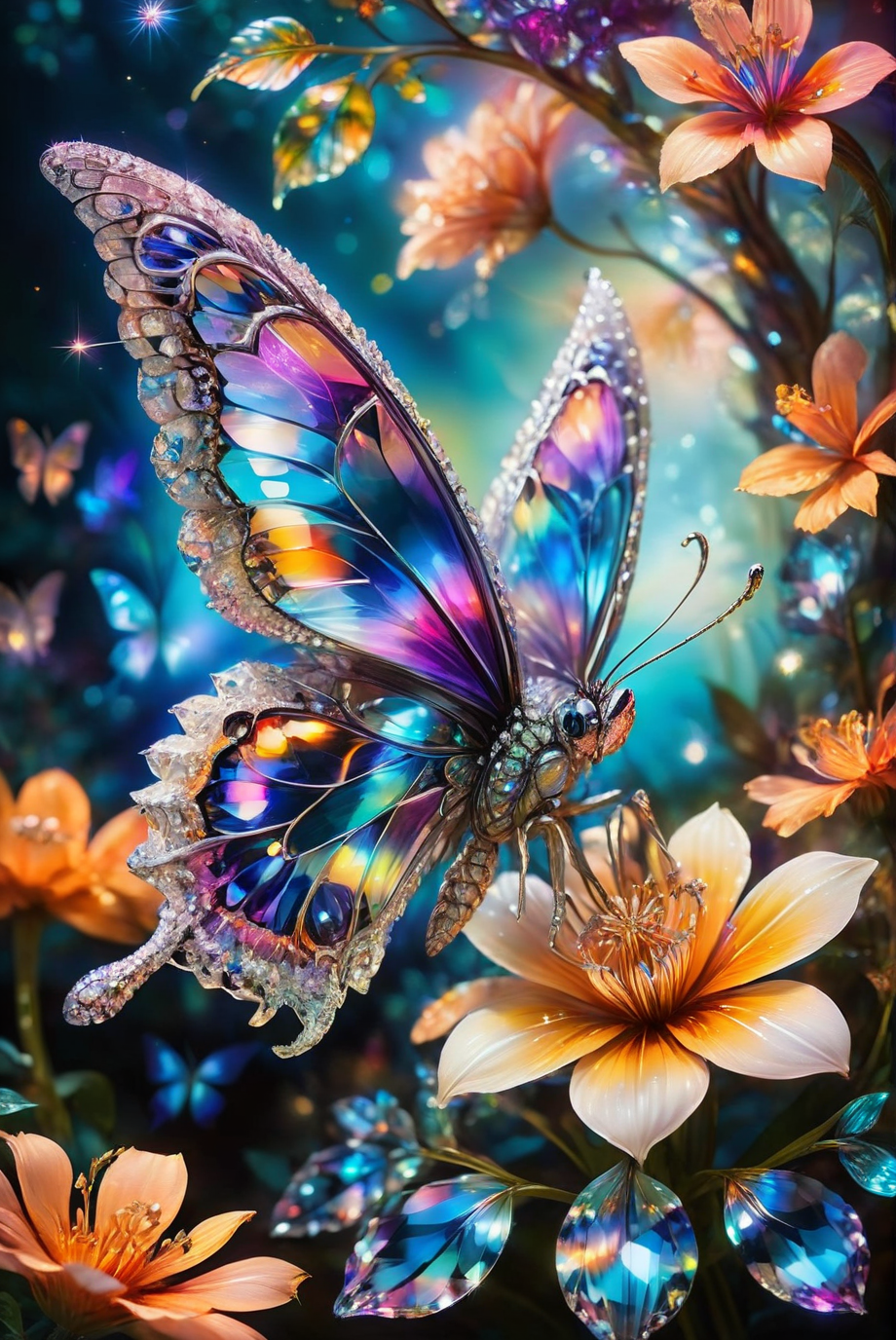 A close-up of a vibrant, colorful crystal flower with intricate, detailed petals. A delicate butterfly rests on the flower, its wings displaying a spectrum of iridescent colors. The background is softly blurred, creating a dreamy, surreal, and magical atmosphere that enhances the focus on the crystal flower and butterfly. The scene captures the essence of a fantastical, otherworldly garden, with the hyper-realistic details of the flower and butterfly bringing the image to life. (on side:1.3),
close-up, crystal flower, vibrant colors, detailed petals, intricate, butterfly, iridescent wings, soft blurred background, dreamy, surreal, magical, hyper-realistic, fantastical, otherworldly, garden, enchanting, detailed, colorful, captivating, whimsical, ethereal, vivid, nature-inspired, fairy tale-like.
<lora:ral-swarcrystl-sdxl:0.8> ral-swarcrystl,
<lora:add-detail-xl:1.0>,
<lora:EnvyBetterHiresFixXL01:1.0>,
<lora:extremely_detailed:1.0>, extremely detailed,
<lora:EldritchMixIllustration_1.1:0.25>,
<lora:SDXLFaeTastic2400:0.6>,