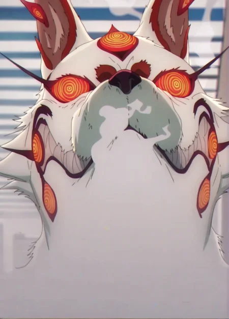 fox-devil, anthro, female, fox, solo, white body, first person view, low-angle view, smoke, digital media (artwork), chainsaw man, headshot portrait, <lora:fox-devil_chainsawman:1.0>