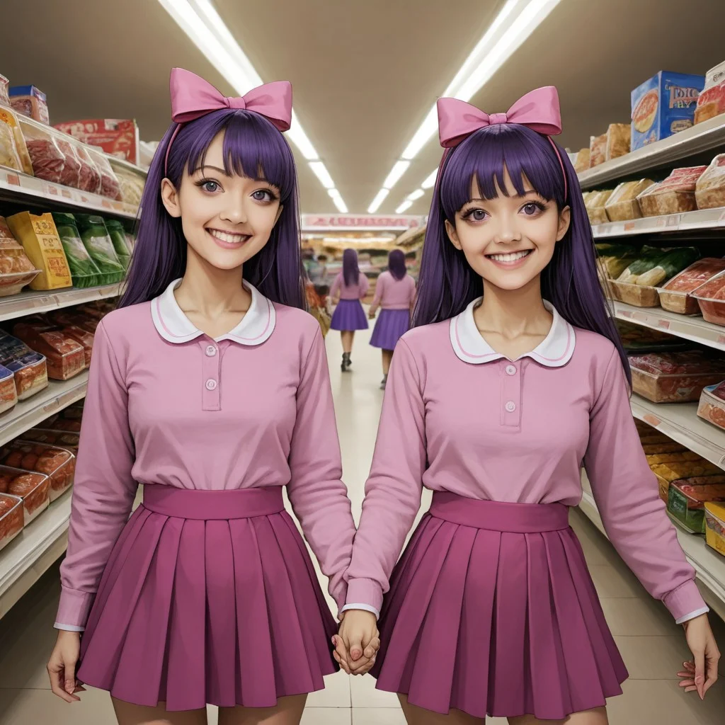 score_9, score_8, score_9, sherri-terri, 2girls, twins, purple hair, hair bow, skirt, supermarket,, smiling, holding hands, looking at viewer, photorealistic, adult, creepy