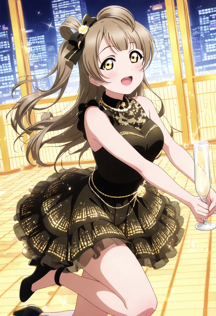 masterpiece, best quality, solo, 1girl, aged up, happy,
 kotori_minami, minami_kotori, grey hair, brown eyes, one side up, long hair, hair ribbon, ribbon, high-fashion idol outfit, chic black-and-gold dress, asymmetrical design, glitter accents, high heels, nighttime rooftop stage, city skyline background, golden spotlights, sparkling champagne bubbles, classy and confident aura