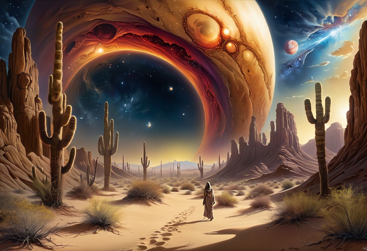 masterpiece, top quality, best quality, highly detailed, realistic photo,
A painting exploring the aridness of the desert and the mystery of cosmic wonders. 
Using airbrushing for art, often for smooth gradients, 
<lora:RMSDXL_Enhance:0.8>
<lora:Surreal Harmony:1>
<lora:Unsettling_2.0-000002:1>