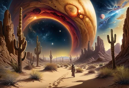 masterpiece, top quality, best quality, highly detailed, realistic photo,
A painting exploring the aridness of the desert and the mystery of cosmic wonders.
Using airbrushing for art, often for smooth gradients,
<lora:RMSDXL_Enhance:0.8>
<lora:Surreal Harmony:1>
<lora:Unsettling_2.0-000002:1>