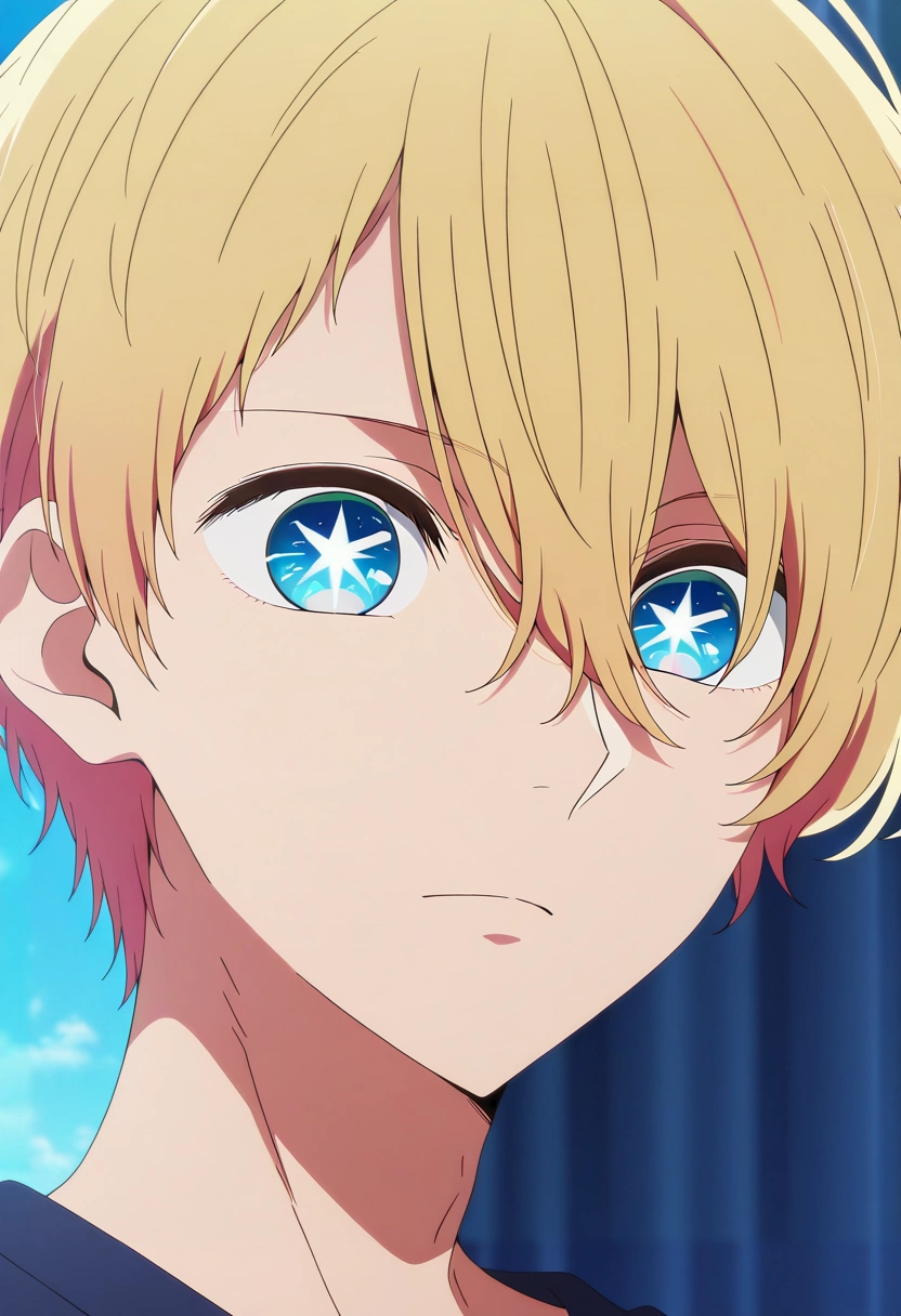 masterpiece, best quality, , anime screencap, anime coloring, official style, , 1boy, solo, male focus, <lora:aquamarine_hoshino_ilxl:0.92>, aquamarine_hoshino, blonde hair, blue eyes, bangs, hair between eyes, short hair, symbol-shaped pupils, star-shaped pupils, ,