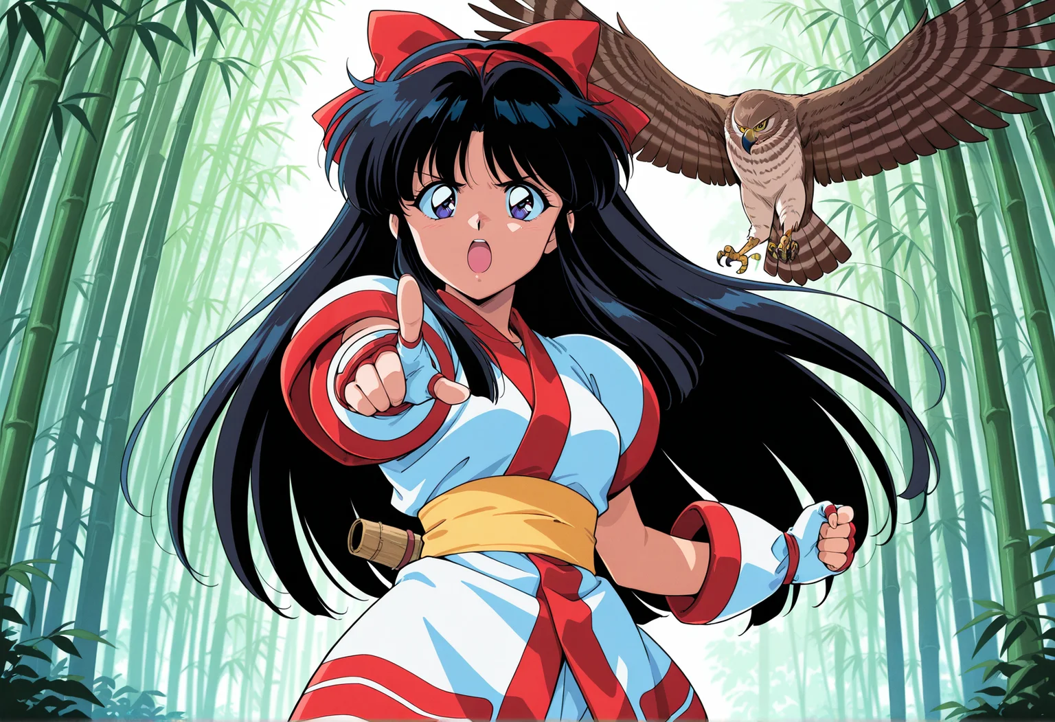 anime screenshot, anime screencap, anime coloring, retro artstyle, 1990s \(style\), 1girl, solo, long hair, black hair, hair bow, hairband, ainu clothes, japanese clothes, short sleeves, pants, fingerless gloves, bamboo forest, pointing at viewer, serious, hawk, open mouth <lora:Nakoruru_illus:1>, masterpiece, best quality, amazing quality, very aesthetic, absurdres, highres, newest