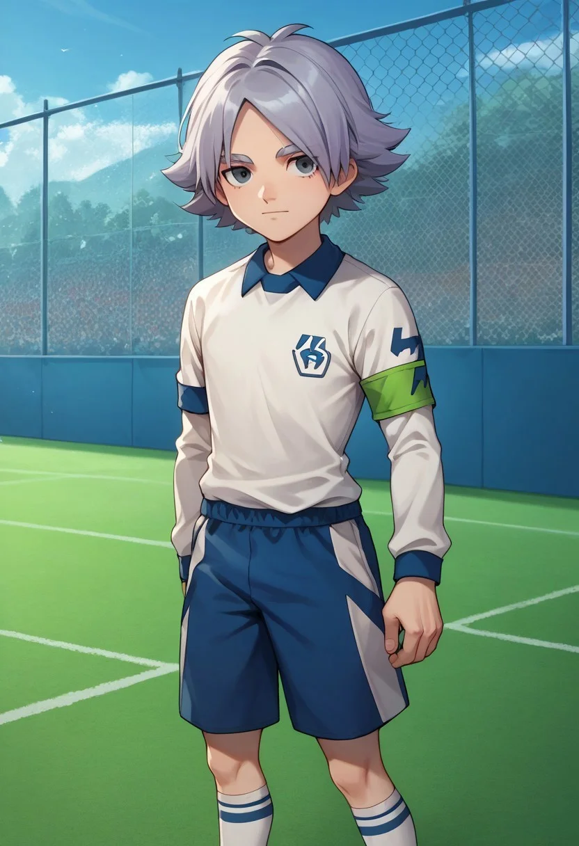 score_9, score_8_up, score_7_up, source_anime, highly detailed,
fubuki, 1boy, male focus, solo, grey hair, grey eyes, sportwear, soccer uniform, alpine soccer uniform, white shirt, long sleeves, shorts, blue shorts, socks, white socks, armband,
outdoor,