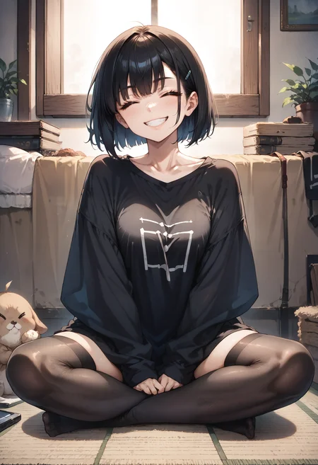 score_9, score_8_up, score_7_up, source_anime, 1 girl, grin, closed eyes, black oversized shirt, black stockings, long sleeves, sitting cross-legged, <lora:Oversized:0.7>, Jed-ovrszd, <lora:SittingCrossLeggedV1:1>, cr0ssl3gg3d, 
