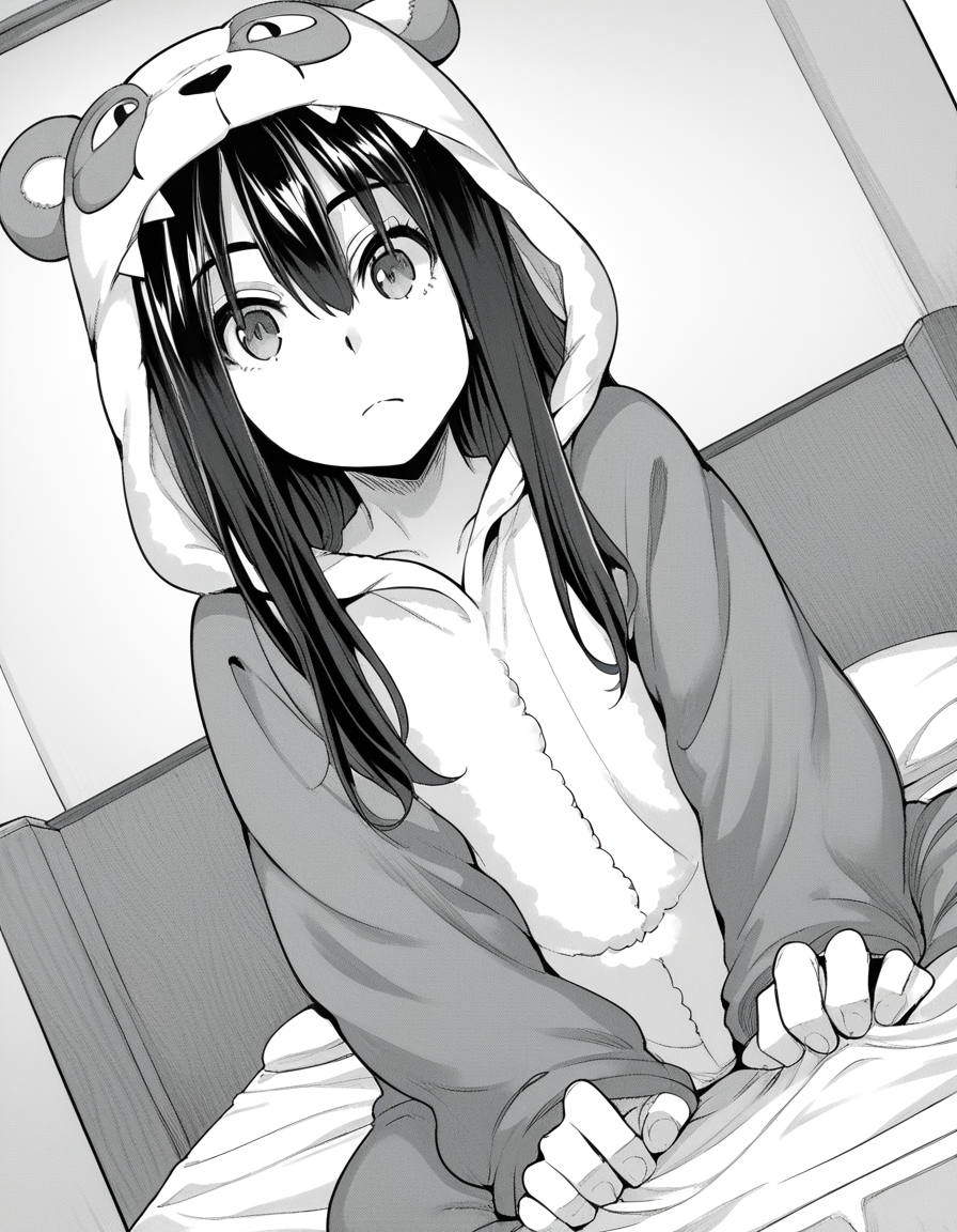 score_9, score_8_up, score_7_up, source_anime, sakiyoshida, <lora:saki-yoshida-manga-ponyxl-lora-nochekaiser:1>, saki yoshida, long hair, hair between eyes, monochrome, greyscale, black hair,, <lora:kigurumi-ponyxl-lora-nochekaiser:1>, kigurumi, animal hood, animal costume, cosplay, rabbit costume, dragon costume, bear costume, dinosaur costume, sheep costume, cat costume, dog costume, panda costume, tiger costume,, indoors, bed, bed room, sitting, , looking at viewer, solo, cowboy shot, dutch angle
