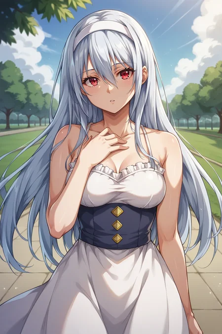 score_9, score_8_up, score_7_up, source_anime, 1girl, prefect lighting, very aesthetic, intricate details, highly detailed background, masterpiece, high quality, prefect hands, best quality, solo,
<lora:Liora_Isekai_Yarisaa_V1:.75>, KJOliora, white hair, red eyes, long hair, hair between eyes, hairband,
sundress, bare shoulders,
looking at viewer, expressionless, parted lips, hand on chest, head tilt,
park, day
(Beautiful, medium Breasts:1.2), natural breasts,