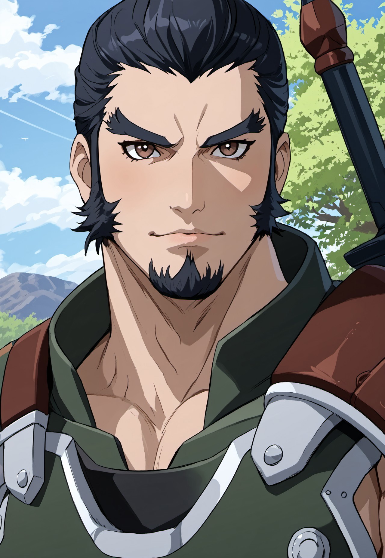 safe_pos, score_9, score_8_up, score_7_up, source_anime, rating_nsfw, ultra hd, absurdres, solo, masterpiece, best quality, best aesthetic, Expressiveh, wolfconf, burankoprn!, 1boy

IxiomSainglain, black hair, sideburns, beard, thick eyebrows, brown eyes, armor, portrait, headshot, looking at viewer, outdoors 