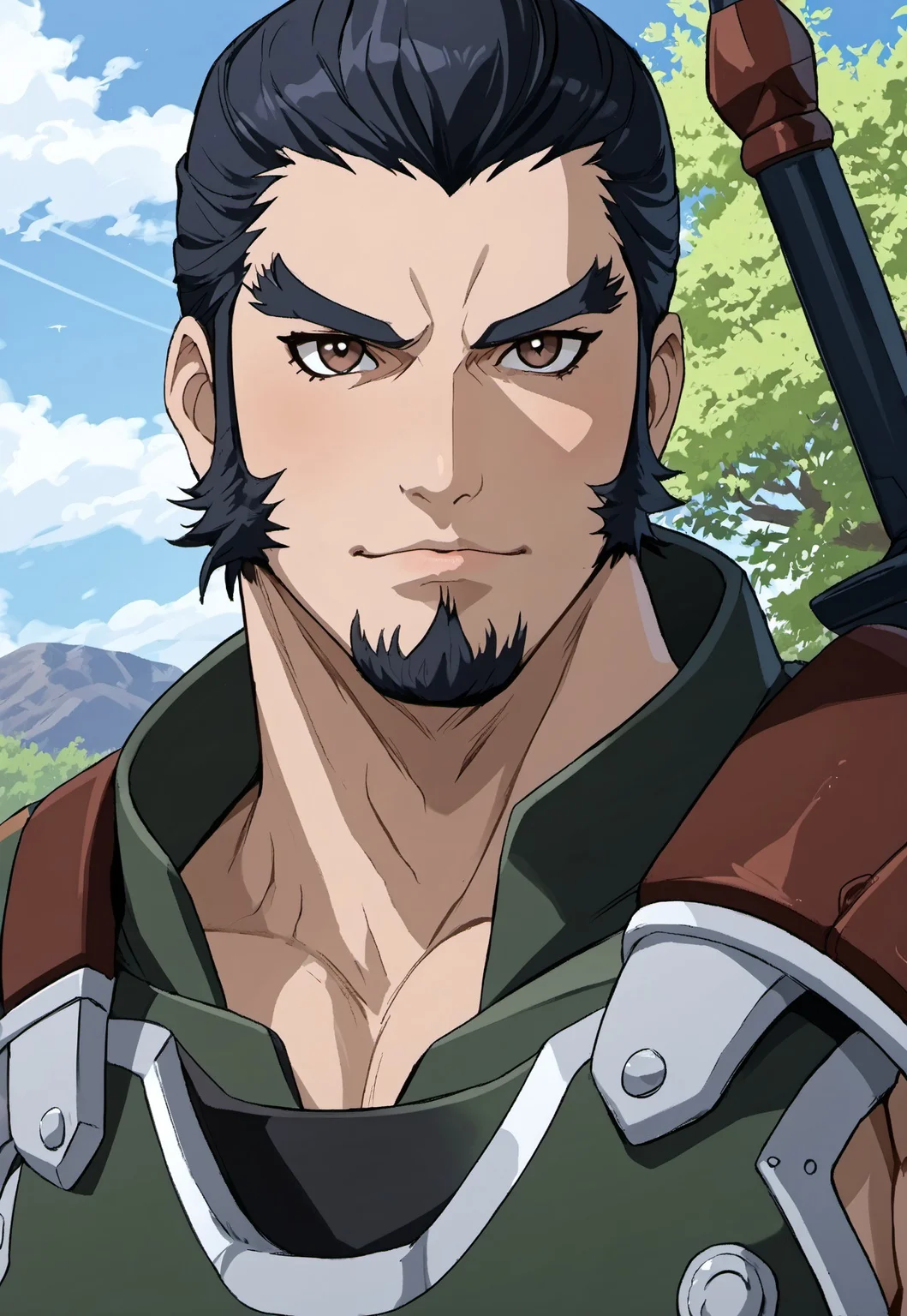 safe_pos, score_9, score_8_up, score_7_up, source_anime, rating_nsfw, ultra hd, absurdres, solo, masterpiece, best quality, best aesthetic, Expressiveh, wolfconf, burankoprn!, 1boy
IxiomSainglain, black hair, sideburns, beard, thick eyebrows, brown eyes, armor, portrait, headshot, looking at viewer, outdoors