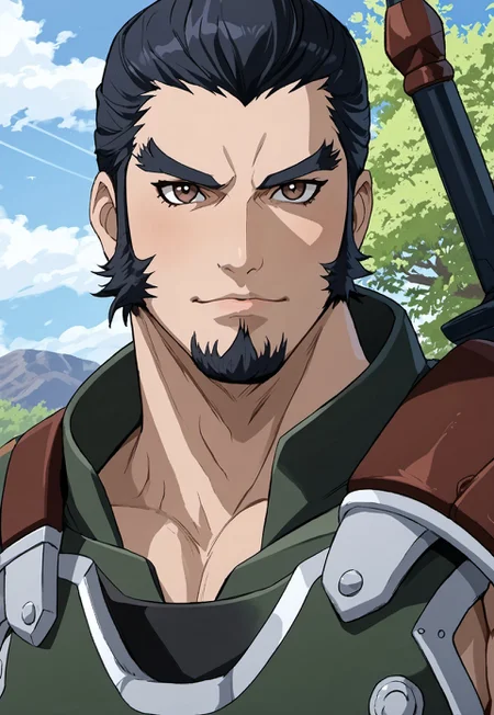 safe_pos, score_9, score_8_up, score_7_up, source_anime, rating_nsfw, ultra hd, absurdres, solo, masterpiece, best quality, best aesthetic, Expressiveh, wolfconf, burankoprn!, 1boy

IxiomSainglain, black hair, sideburns, beard, thick eyebrows, brown eyes, armor, portrait, headshot, looking at viewer, outdoors 