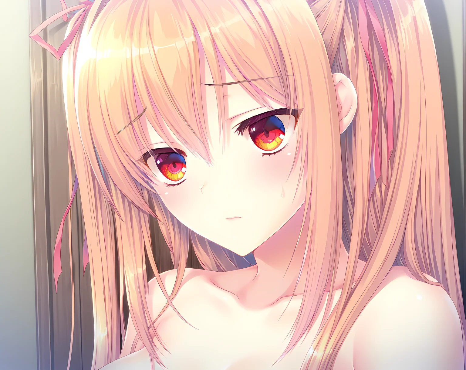 touko,kinmedai pink,blonde hair,red eyes,long hair,breasts,collarbone,nude,<lora:Touko_GFQ_SP:1>,portrait,, masterpiece,best quality,amazing quality, very aesthetic, absurdres,detailed eyes,ultra-detailed,