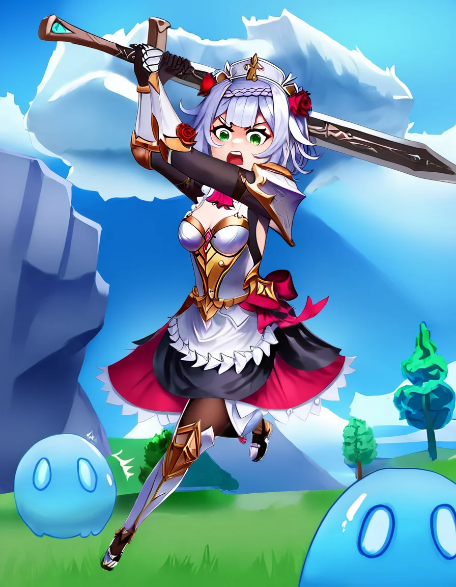 score_9, score_8_up, score_7_up,
noelle,
incoming vertical sword attack, 1girl,breasts,short hair,open mouth,bangs,hair ornament,long sleeves,cleavage,green eyes,braid,flower,grey hair,pantyhose,sidelocks,outdoors,sky,cloud,hair flower,blunt bangs,armor,apron,tree,blue sky,v-shaped eyebrows,maid,maid headdress,single braid,detached collar,rose,cloudy sky,grass,gauntlets,maid apron,fighting stance,armored dress,armored boots,cliff,greatsword,noelle (genshin impact),slime (genshin impact)
dynamic, motion blur,
epic, dramatic,
<lora:incoming_attack:0.9>