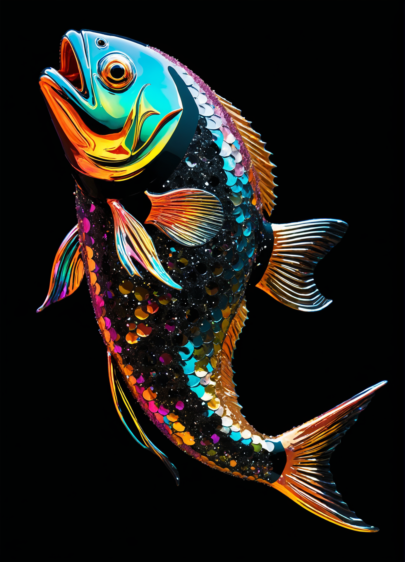 abstract fish, shiny, colorful, black background, reflective surface,  <lora:GlitterStyle_sdxl:0.8> GlitterStyle
