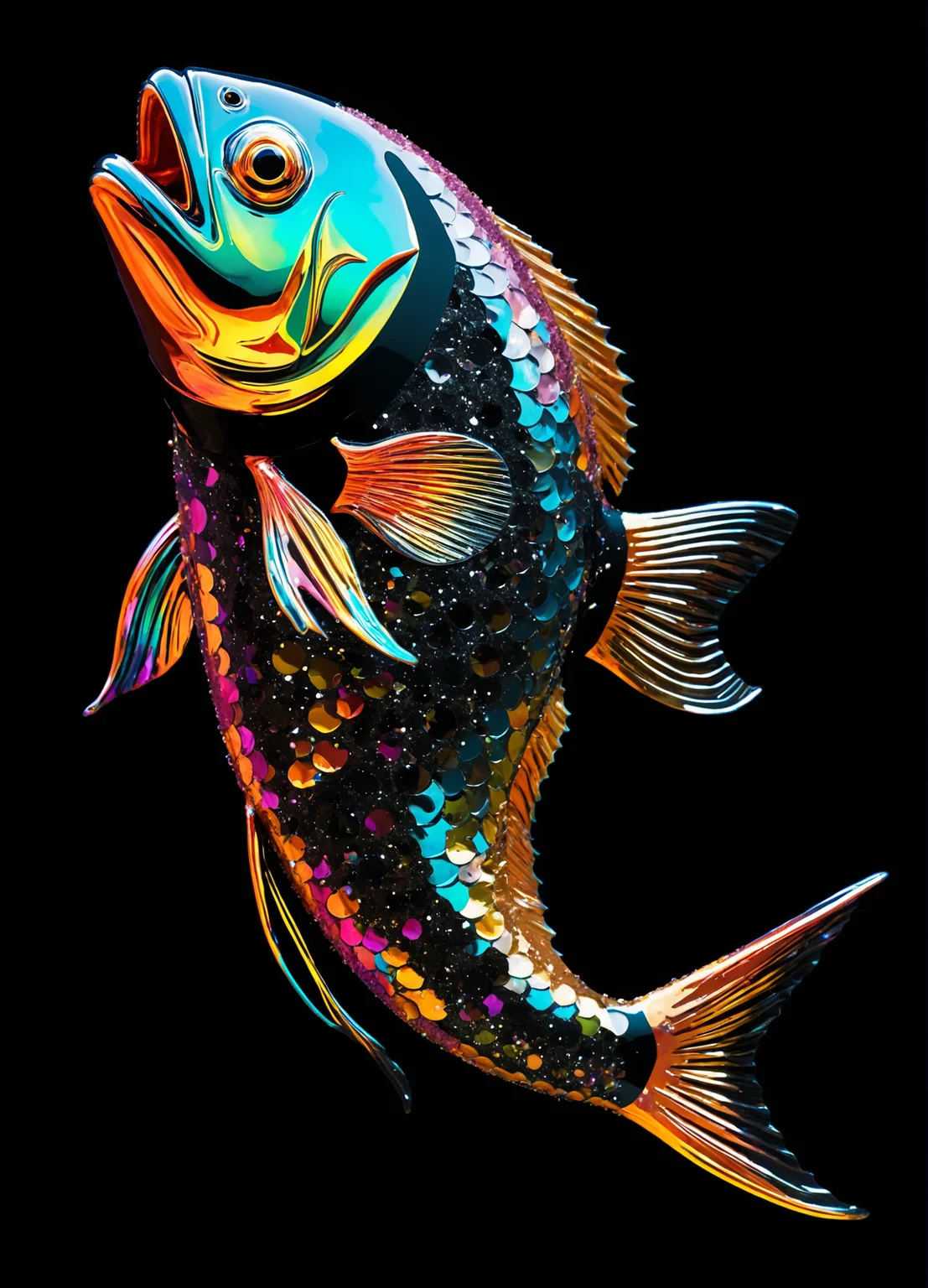 abstract fish, shiny, colorful, black background, reflective surface,  <lora:GlitterStyle_sdxl:0.8> GlitterStyle