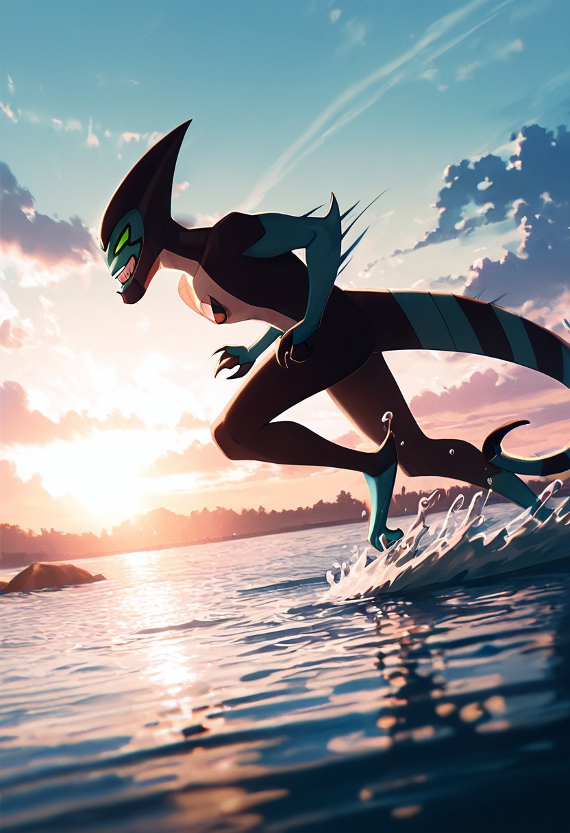 masterpiece, best quality, amazing quality, very aesthetic, absurdres, newest,, detailed background, 
 movie scene, cinematic scene, cinematic, foreground blur, depth of field, 
xlr8, blue skin, green eyes, 1boy, stripped tail, reptile tail, green sclera, pokemon (creature), alien, black chin,
big smile, sharp teeth, grin, 
running on water, trail effect, on water, leaning forward, running, splashing water, daytime, bright sun, summer, clouds, side view, motion lines,