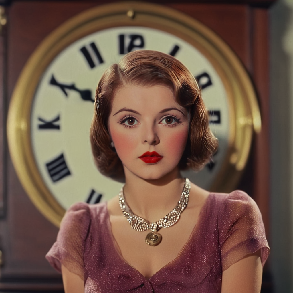 <lora:30s_Technicolor_MovieSDXL:1> ArsMovieStill, movie still from a 1930s technicolor movie, The image shows a woman in a dress standing in front of a clock with a blurred background., 1girl, solo, clock, necklace, dress, jewelry, brown hair, lipstick, makeup, looking at viewer