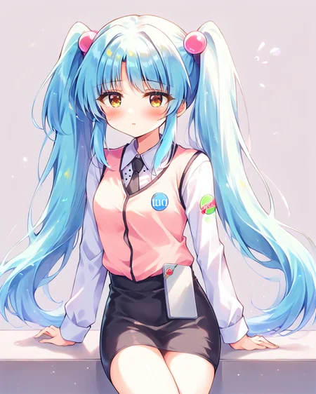score_9, score_8_up, score_7_up, score_6_up, source_anime, rating_safe, ah1, 1girl, (arm support), (lip pink Retro-inspired look with a polka dot blouse, pencil skirt, and headscarf), (in gradient), (tired), <lora:HOSHINO_ruri_PONYXL:0.8>, blush, brown_eyes, very long hair, aqua hair, twintails,
