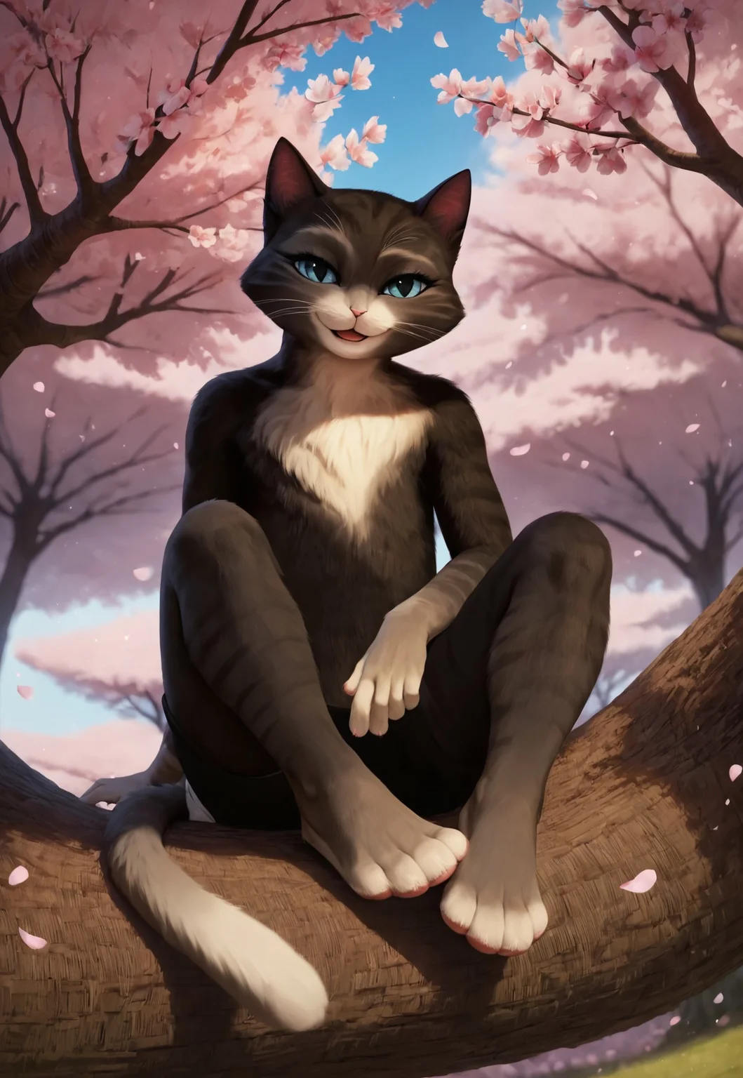 safe_pos, score_9, score_8_up, score_7_up, score_6_up, best quality, highly detailed, detailed fur, detailed background, Furry, anthro, cat, female, solo, KittySoftpaws, f oot presenting, ((foot fetish)), paws, sexy pose, naughty face, smile, looking at viewer, outdoors, under the tree, cherry blossom,