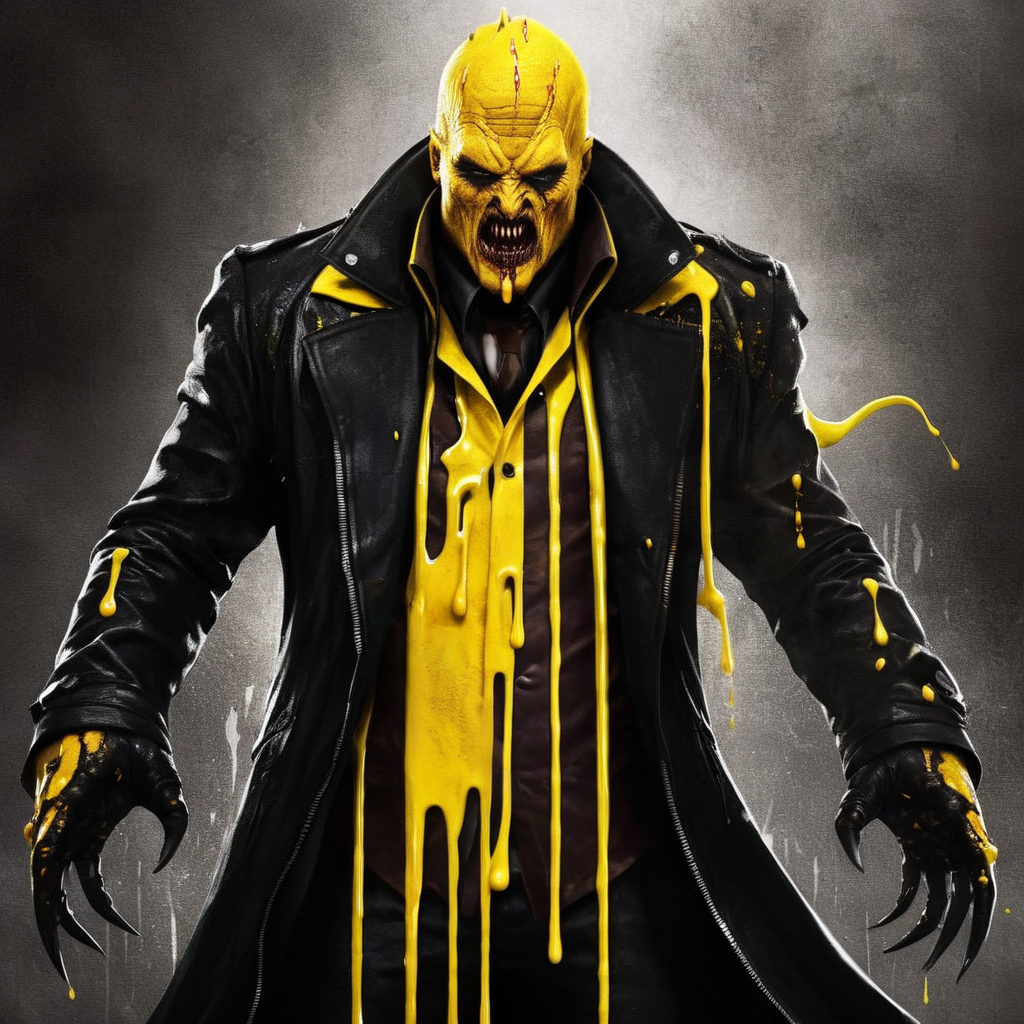 Dark Fantasy Art of  <lora:Sin City:1> 
a yellow monster named the Yellow Bastard with a yellow blood dripping from his neck and a black jacket sin city style, dark, moody, dark fantasy style