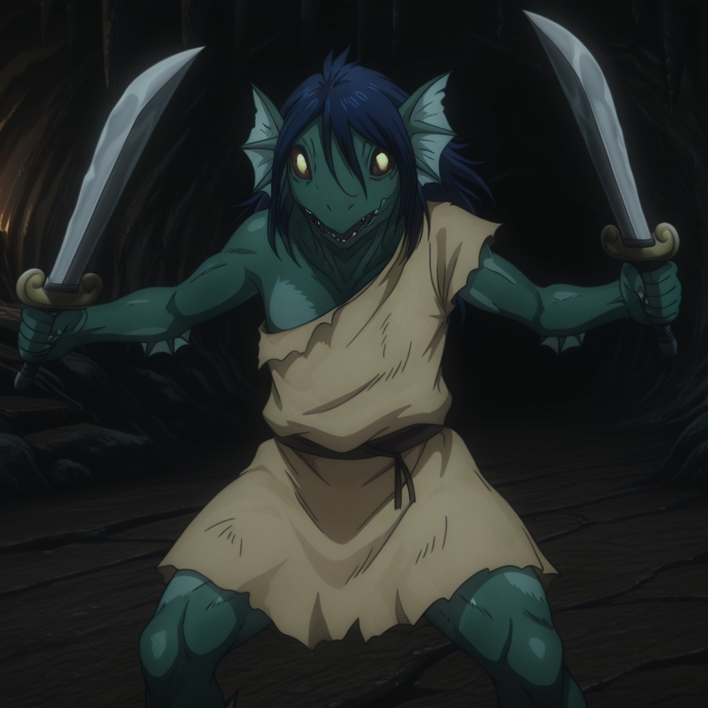masterpiece, best quality, amazing quality, FishmanslfIL, anthro, green skin, blue hair, head fins, black sclera, yellow eyes, torn clothes,  tan tunic, cave, fighting stance, holding daggers, dual wielding