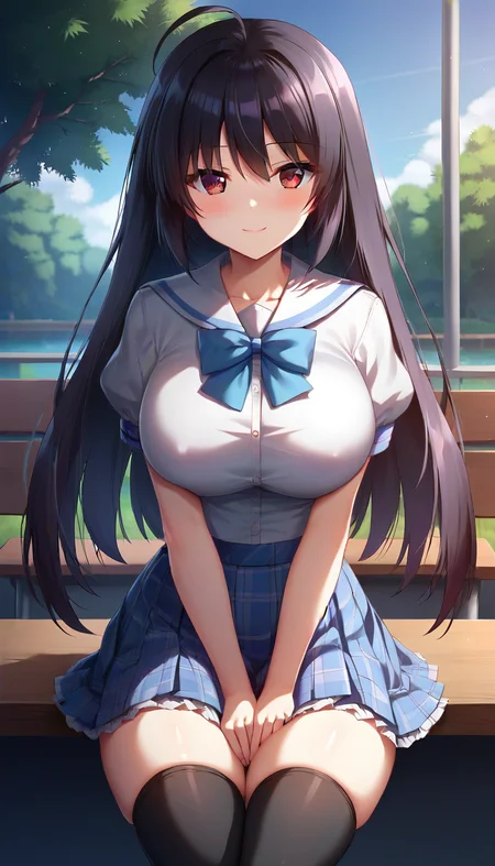 score_9,score_8_up,masterpiece,best quality,correct anatomy,anime_source,1girl,solo,perfect eyes,perfect arms,perfect legs,perfect face,outdoors,upper body,(portrait:1.5),looking at viewer,facing viewer,smile,blush,Toono Ren,ahoge,long hair,black hair,sidelocks,bangs,red eyes,school uniform,white sailor collar,white shirt,center frills,blue bowtie,puffy short sleeves,large breasts,skindentation,miniskirt,blue skirt,plaid skirt,frilled skirt,thighs,zettai ryouiki,black thighhighs,thigh ribbon,loafers,<lora:Toono Ren(np)-Pony:1.4>,