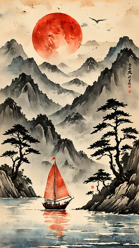 Watercolour paint effect, on partchment, Red moon, seascape, japanese writing, Mountains, sky, trees, mist, Okinawan sail boat, <lora:Paint_Effects_SDXL_-_By_DICE:1>, Watercolour Paint Effect