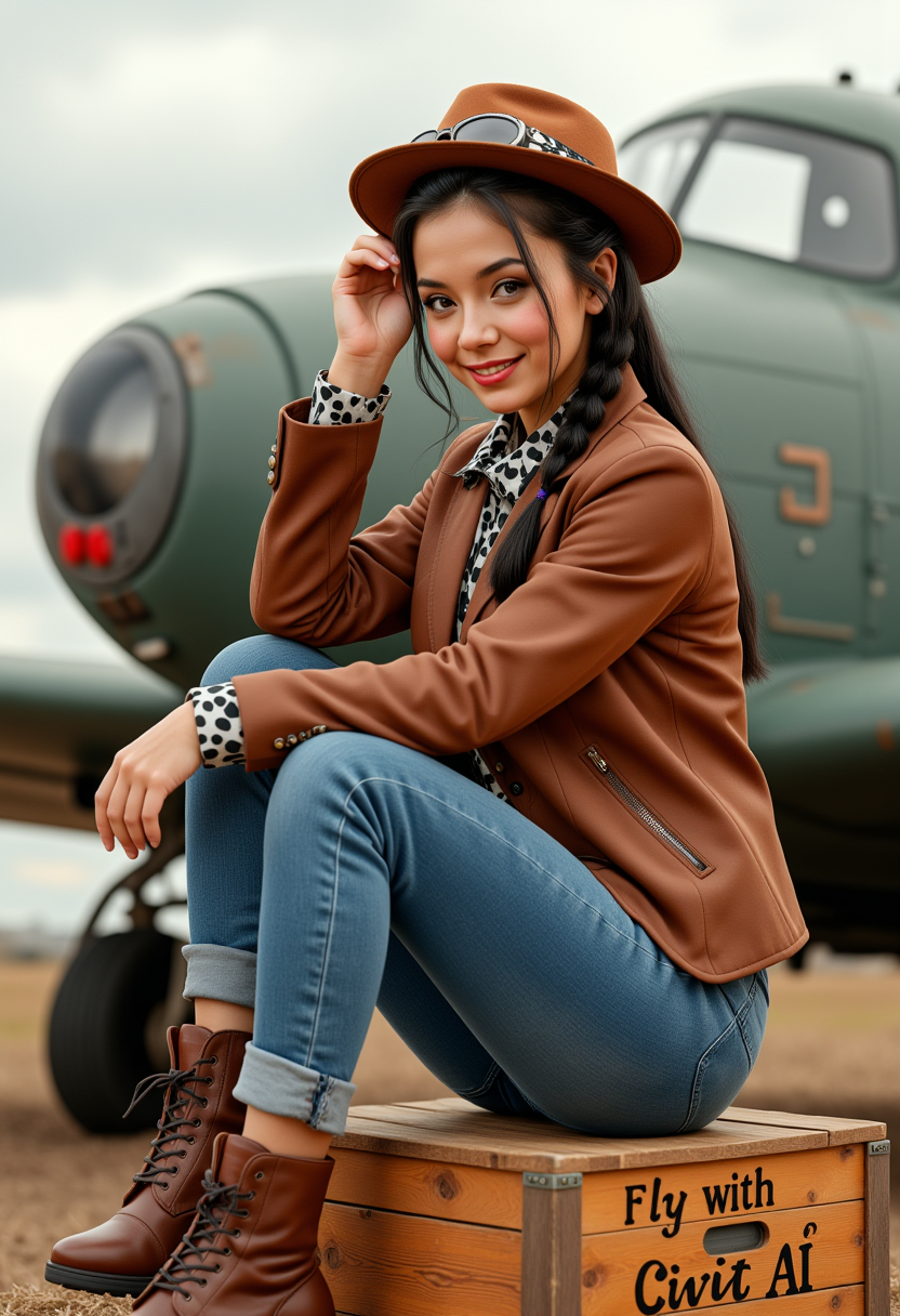 She is approximately 18 years old.she is standing, a vintage aircraft is in the background.  Hyperrealism, she is looking at the camera, (dynamic angles), headshots of a beautiful, stunning unique female character.  she has dark hair. her eyes are filled with joy and excitement, extravagant eyelashes, a photo of AGDV2_nokrea, a woman with brown eyes, wearing a brown leather jacket and a brown hat with goggles and denim blue jeans and brown boots. is posing on a large wooden crate. She is posing for the camera, while sitting on a large crate.  On the crate is written "fly with CivitAI".  She is wearing a scarf and has a braid. The photo is in a sepia tone, giving it a vintage feel. The background is blurry, focusing on AGDV2_nokrea as the main subject. She has a slight smile on her face and is looking directly at the camera. making this image a masterpiece of photography and digital art. realistic. making this image a masterpiece of photography and digital art. Style: realistic hyper-detailed rendering, 32k UHD, expressive eyes, punk, graphic design, girl's face, pretty and cute, gleaming lips, telling a tale of adventure. Exuding confidence and serenity. The overall mood of the image is happy and relaxed,detailed skin texture,(blush:0.2),(goosebumps:0.3),subsurface scattering,whimsical,Detailed hand, Perfect hand. Perfection style. The scene is set outdoors, with a vintage plane visible in the background. The photo is taken in a close-up shot, focusing on  AGDV2_nokrea legs and feet.