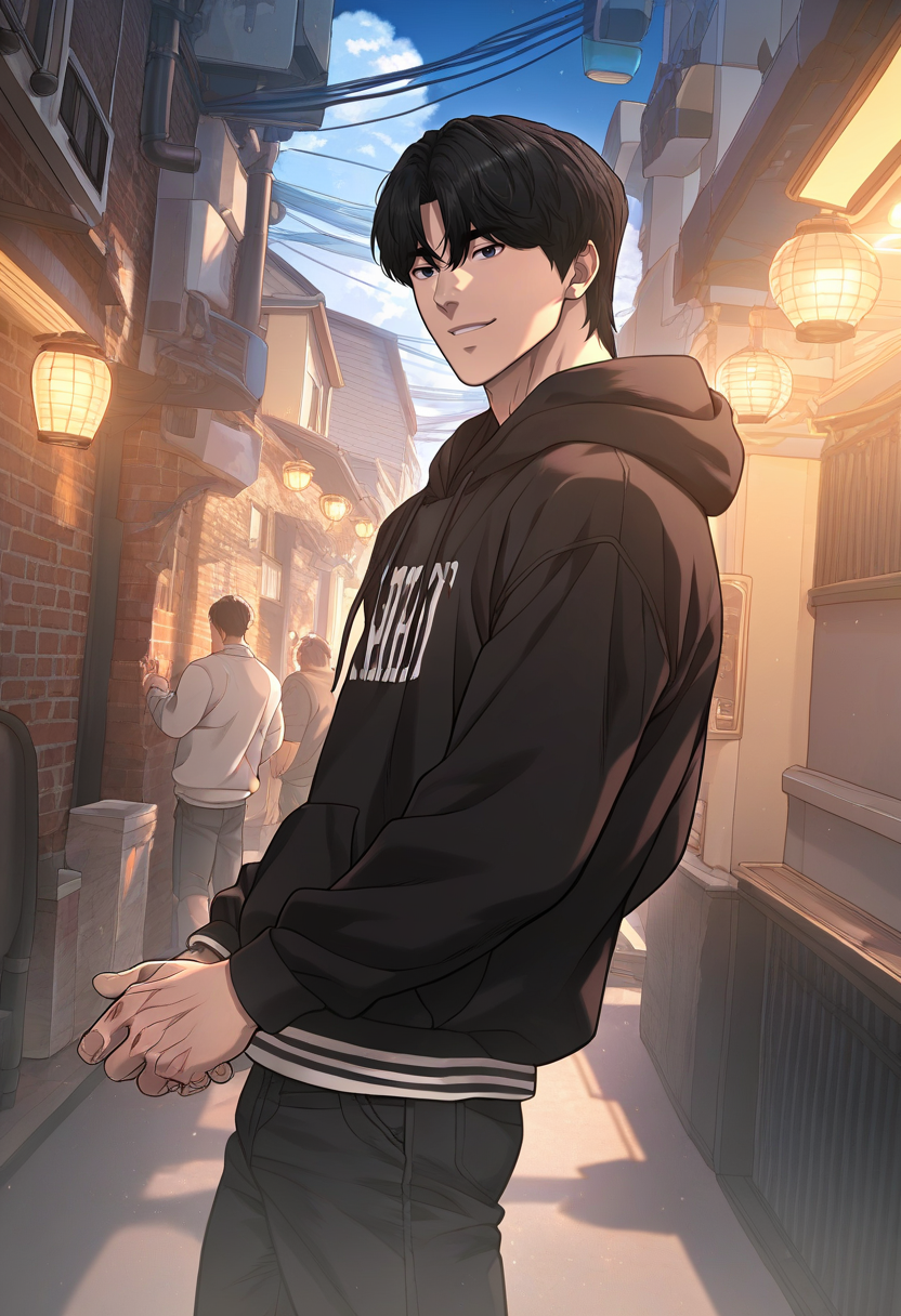 1boy, male focus, solo,
<lora:Character - Questism - Kim Suhyeon:1> kimsuhyeon, black hair, black eyes
,((zPDXL)), score_9_up, score_8_up, score_7_up, score_6_up, score_5_up, score_4_up, best quality, amazing quality, best aesthetic, amazing aesthetic, absurdres, year2023, uncensored, very nsfw, official art, official style,
standing, hoodie, alley, night sky, surrounded, crowd, seductive smile,