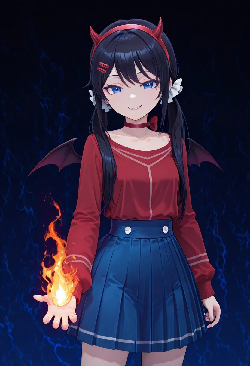 hairs flowing on the air, semireal, black hairs, mita,1girl, solo, petite, hair ornament, perfect, sexy, twintails, red choker, red hairband, long hair, blue_eyes, black hairs, blue skirt, white bows, two ordinary small red clips, red shirt, black hairs, bright colors, bright red, bright blue, as succubus with small wings and small red horns, sweet evil smile, casting flame magic spell, fire magic galaxy background, scary landscape vibe