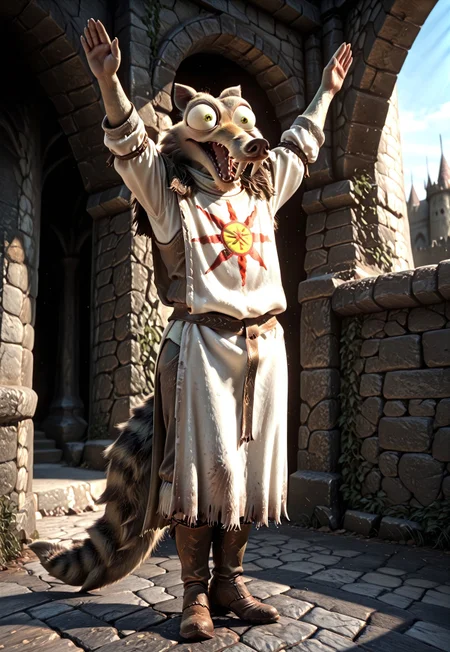 Masterpiece, absurdres, high quality, newest, highly detailed, (solo:1.3), 1boy, Scrat, long snout, bushy tail, bulging eyes, striped tail, Tabard, no helmet, boots, (praise_the_sun_pose:1.2), dark souls castles background, dark fantasy, day, (sunbeams:1.2), detailed background, kftenhance, facing viewer, closeup