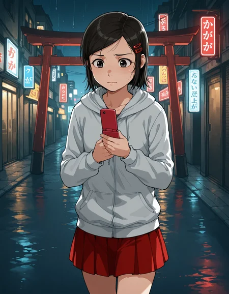 1girl, <lora:Sawamura_Haruka_IllustXL:0.8> sawamura_haruka, black hair, hair ornament, short hair, hairclip, black eyes, hood, hoodie, long sleeves, skirt, red skirt, pleated skirt
solo, looking at phone, flip phone, worried, after rain, walking, street, (neon lights:0.8), city, dark, night, cowboy shot, (torii:1.1)