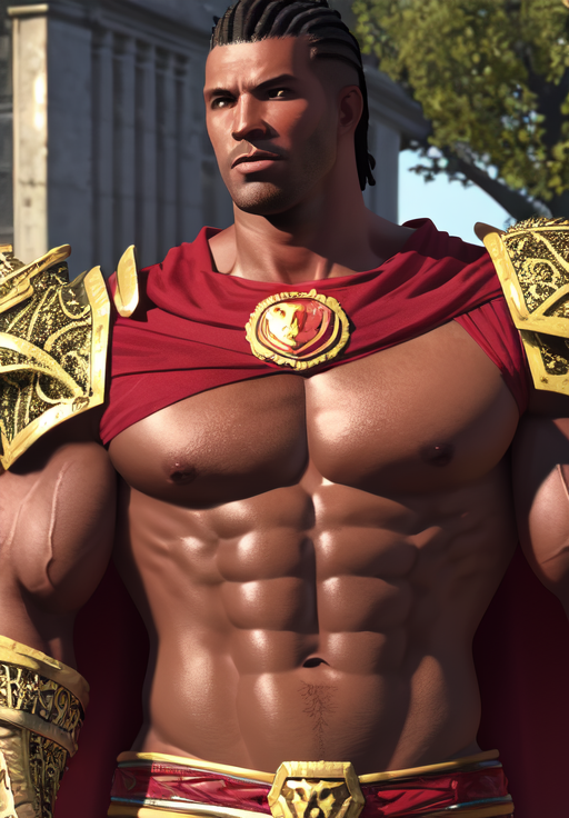 a man, <lora:Redguard-Male:0.8>, Redguard-Male, 1man, solo, upper body, shoulder armor, red cape,, Heroic, muscular, strong, ripped, chiseled, Adonis-like, powerful, sculpted, Inverted triangle body shape, (masterpiece, best quality, absurdres, detailed, ultra-detailed:1.3), glamorous
