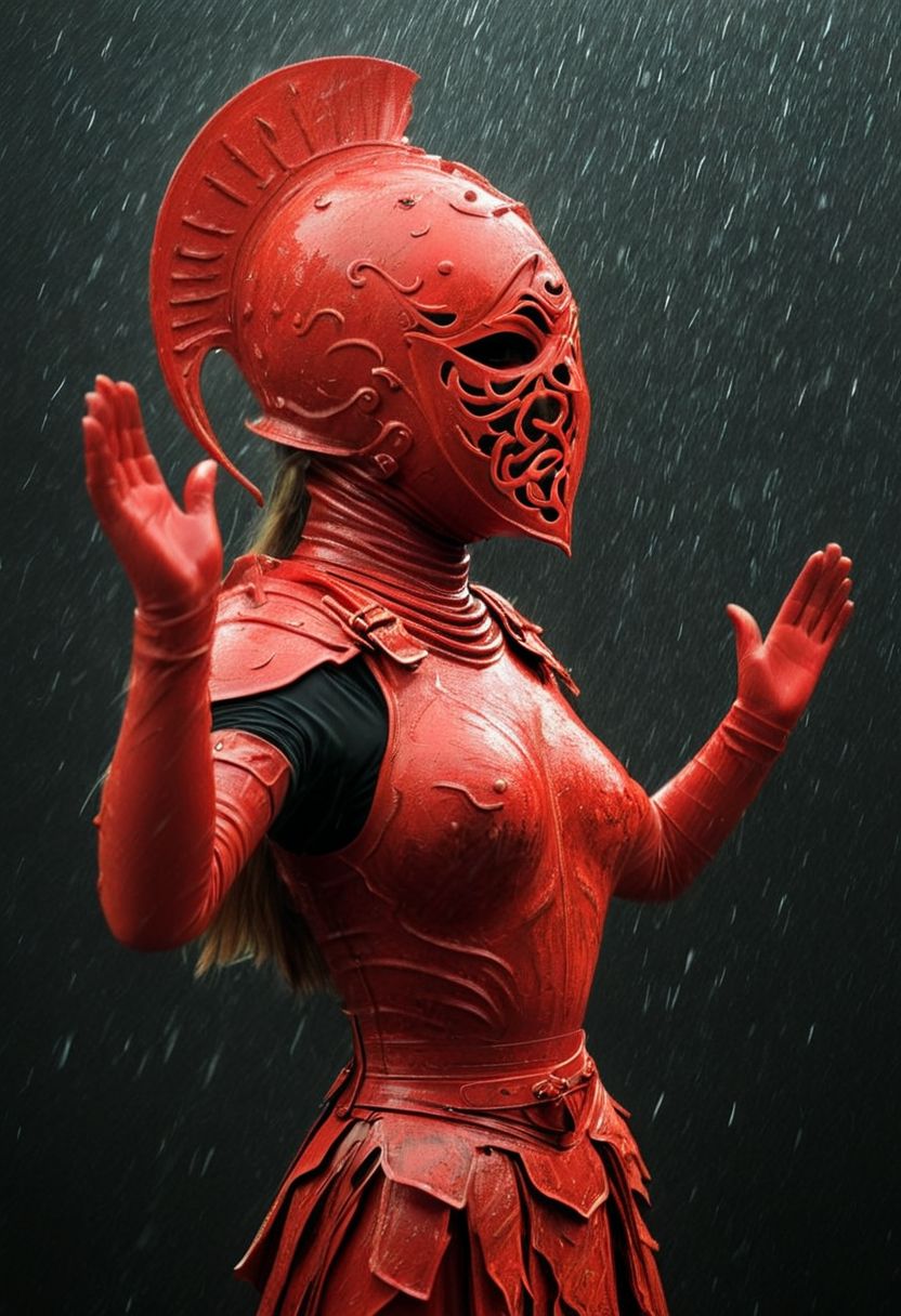 in the style of jimmy-marble, Woman in detailed vibrant red/black colorful ffArmor with lion helmet, hands up, Ffarmor made of grignani lines with a swirl, rainy day at the sea, Vintage Photo, grain, volumetric sunlight Like a dust Wall, atmospheric haze, ultra detailed, deep Blacks, very detailed, atmospheric haze, Film grain, cinematic film still, shallow depth of field, highly detailed, high budget, cinemascope, moody, epic
