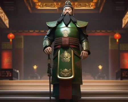 Civilization 6 style, Guan Yu is standing in an ancient Chinese palace staring at the audience, <lora:ææXLv1:1>