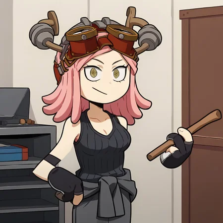 score_9, score_7_up, workshop background, indoors, medium breasts, cleavage, MeiHatsumeSDXL,1girl,solo,shirt,gloves,bare shoulders,collarbone,yellow eyes,pink hair,sleeveless,black gloves,gray pants,fingerless gloves,medium hair,symbol-shaped pupils,black tank top,goggles,goggles on head,partially fingerless gloves,clothes around waist,gray pants, ribbed shirt, solo, looking at viewer, cowboy shot,extracredit, stick legs