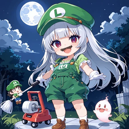 score_max, (score_9, score_8_up, score_7_up:1.0), score_6_up, official art, source anime,
, masterpiece, absurdres, high detail, 8k,
luigi's mansion, night, moon, ghost,
standing, smile, joy, open mouth,
solo, (chibi:1.4), luxu, silver hair, long hair, (fake mustache:1.2), luigi \(cosplay\), green cap, overalls, green shirt, short sleeves, white gloves, machinery, (vacuum cleaner, proton pack),
<lora:XL_Pony_MGCM-luxuria-t1:1.0>